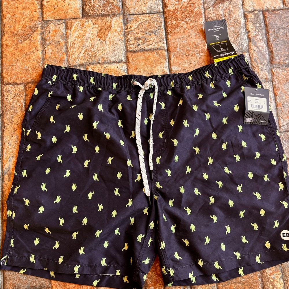 Eddie Bauer Black Swim Trunks with Green Pattern